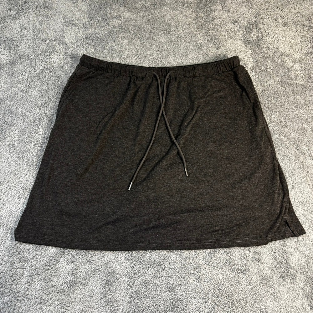 Charcoal Heather Grey Drawstring Elastic Waist Mini Skirt Side Slit Casual